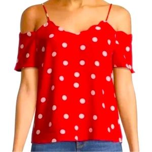Monteau Red white polka dot off shoulder scallop top size small summer shirt